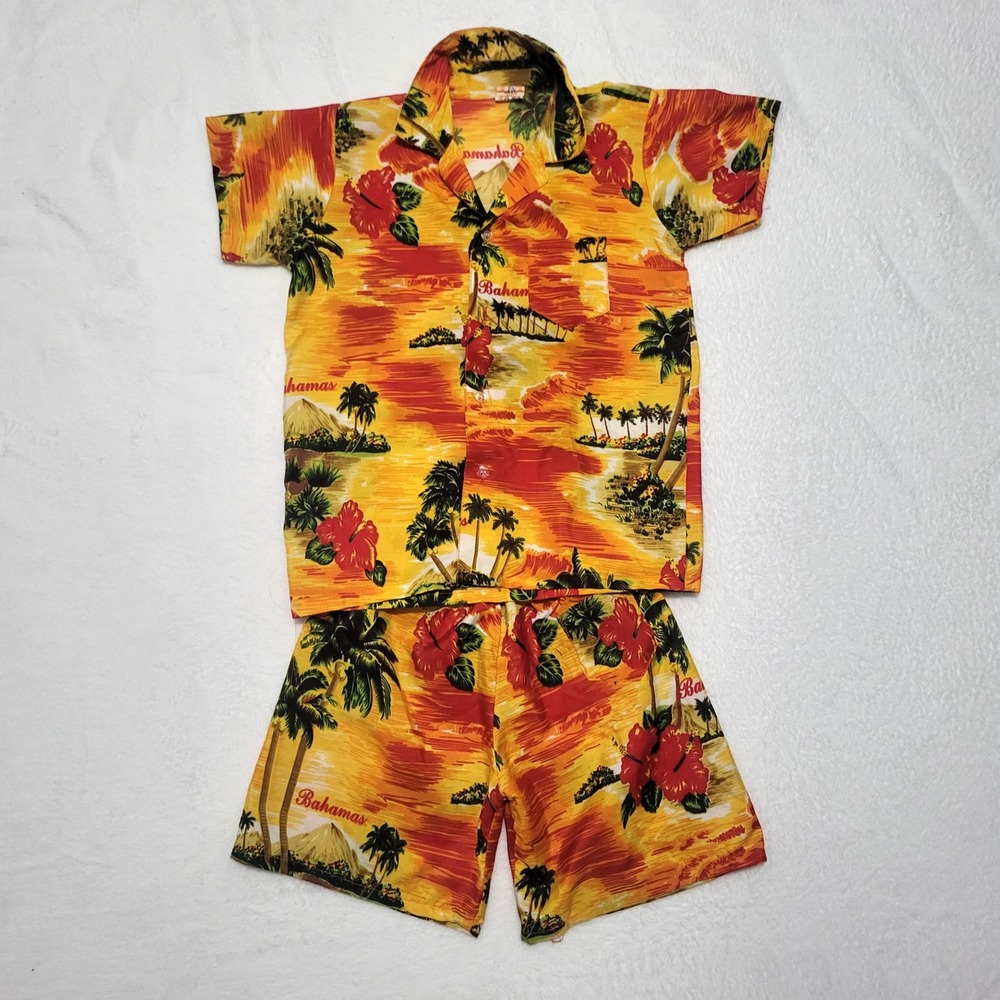 Kids Hawaiian Aloha Shirt‎ and Shorts Set Tropical Bahamas Beach Vacation